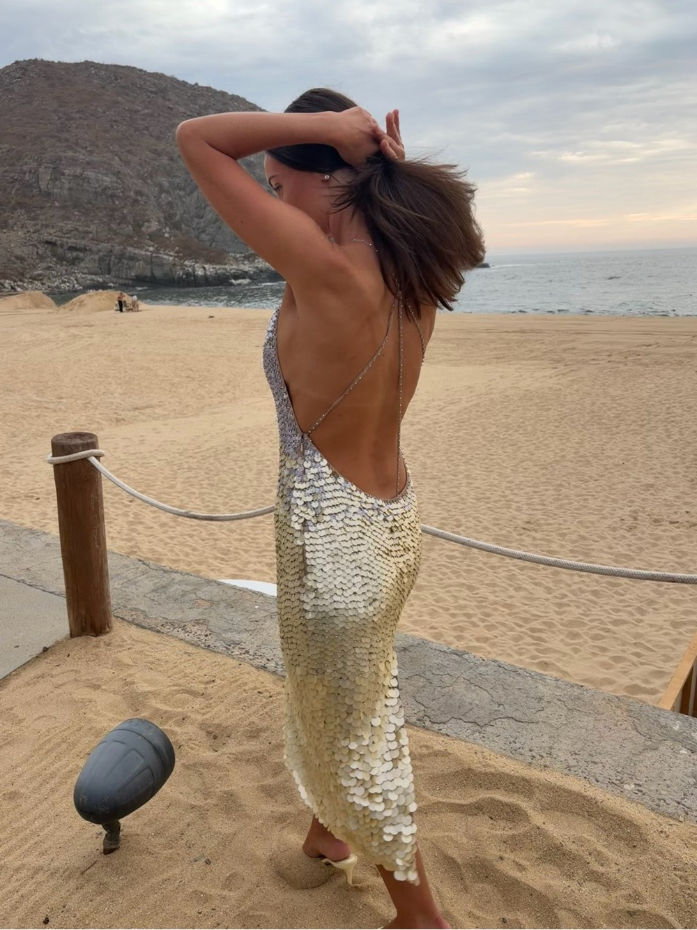 Backless Sequin Halter Dress in Champagne Gold